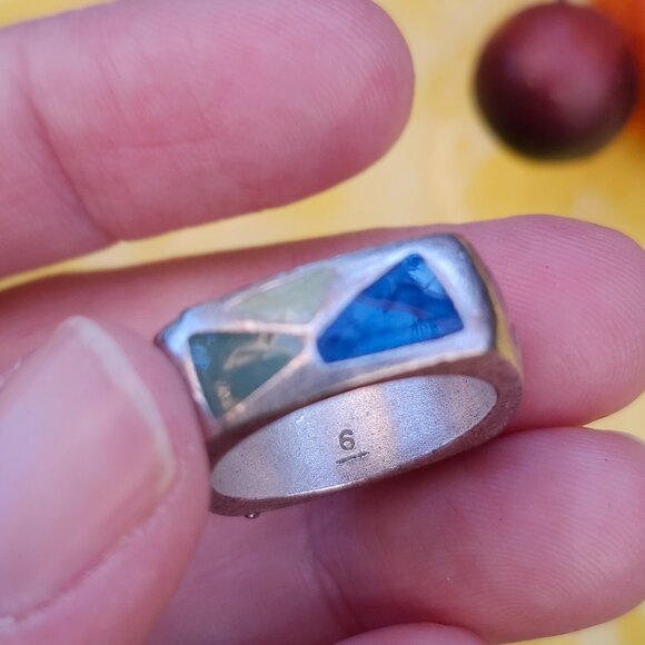 Vintage 1970's Artisan Made Sterling Silver Geometric Square Ring with Enamel - Picture 9 of 11
